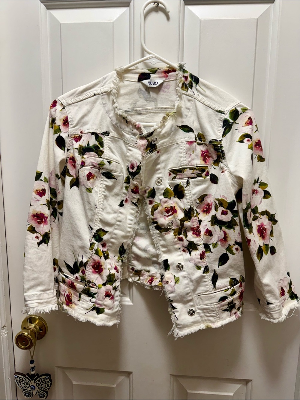 LIU JO Floral Raw Hem Denim Moto Jacket IT 40 US 4 Small W17149